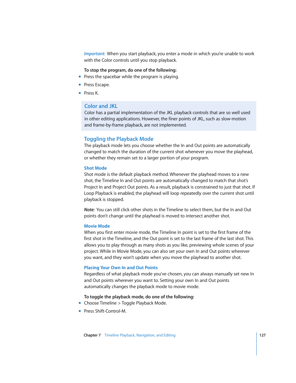 Color and jkl, Toggling the playback mode | Apple Color 1.0 User Manual | Page 127 / 364