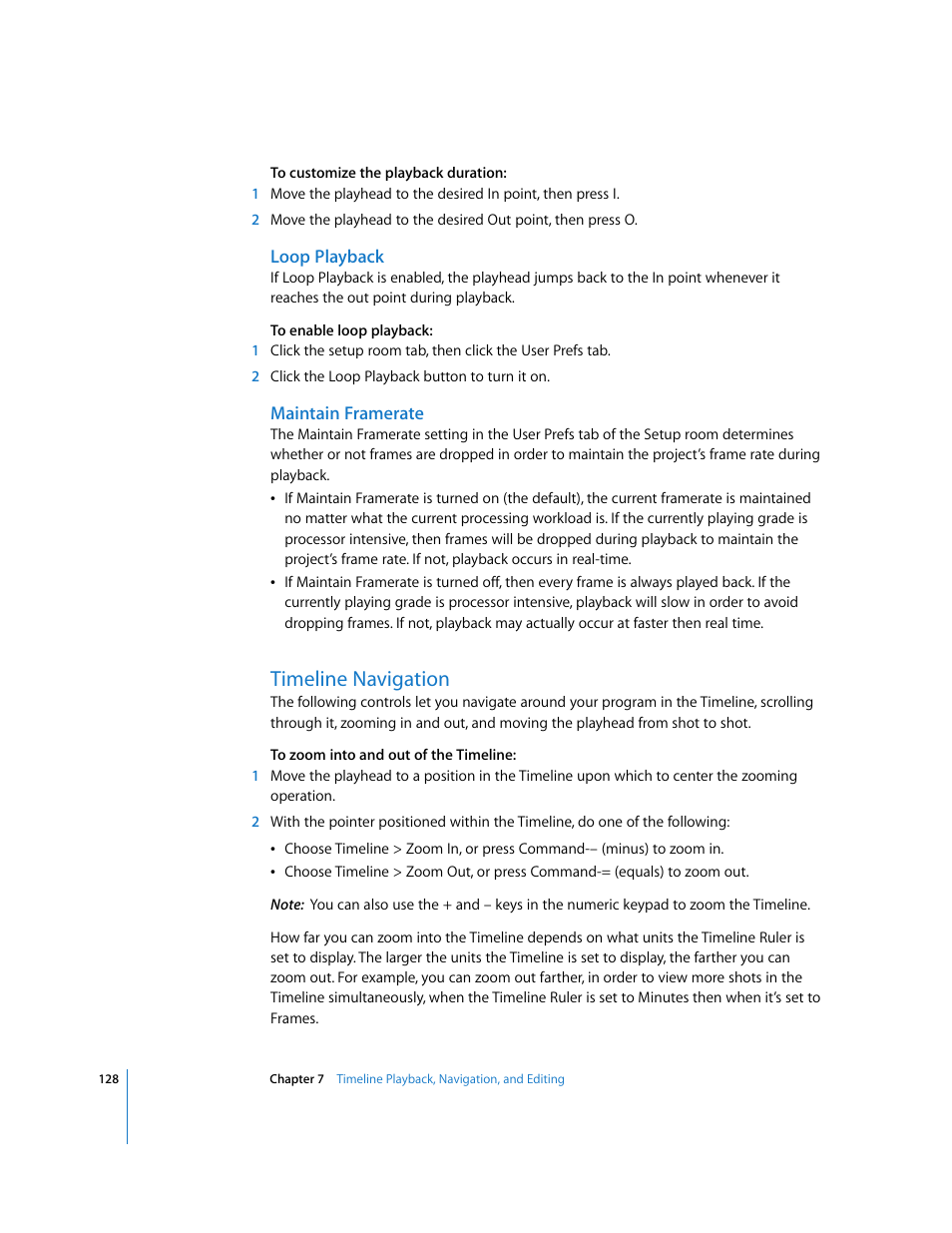 Loop playback, Maintain framerate, Timeline navigation | P. 128) | Apple Color 1.0 User Manual | Page 128 / 364