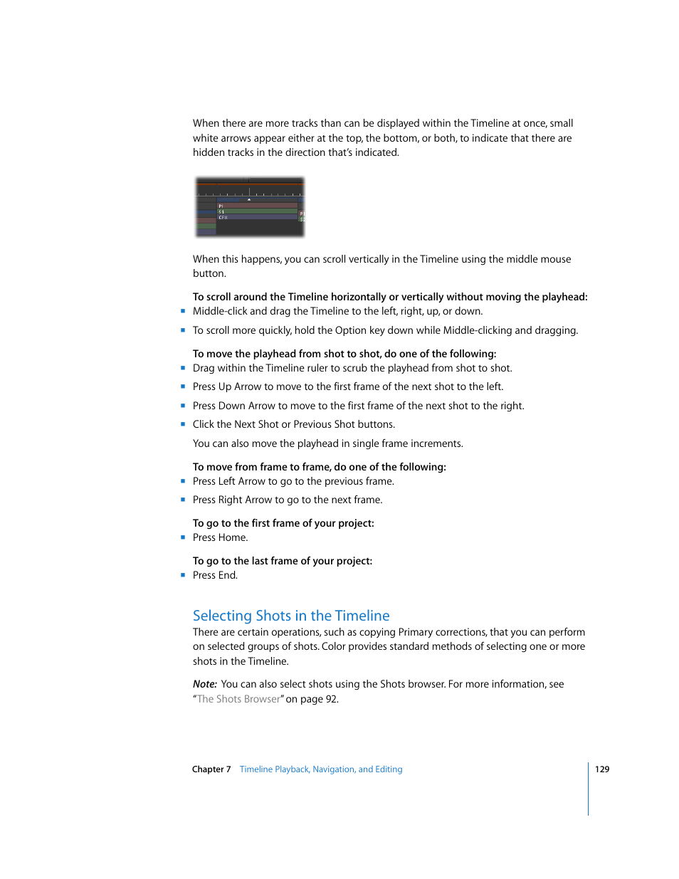 Selecting shots in the timeline, P. 129) | Apple Color 1.0 User Manual | Page 129 / 364