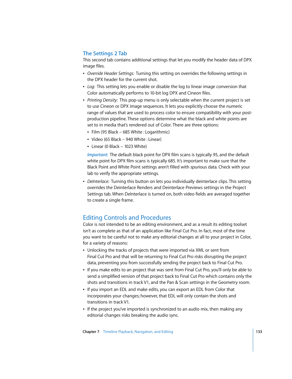 The settings 2 tab, Editing controls and procedures, Settings 2 tab | P. 133) | Apple Color 1.0 User Manual | Page 133 / 364