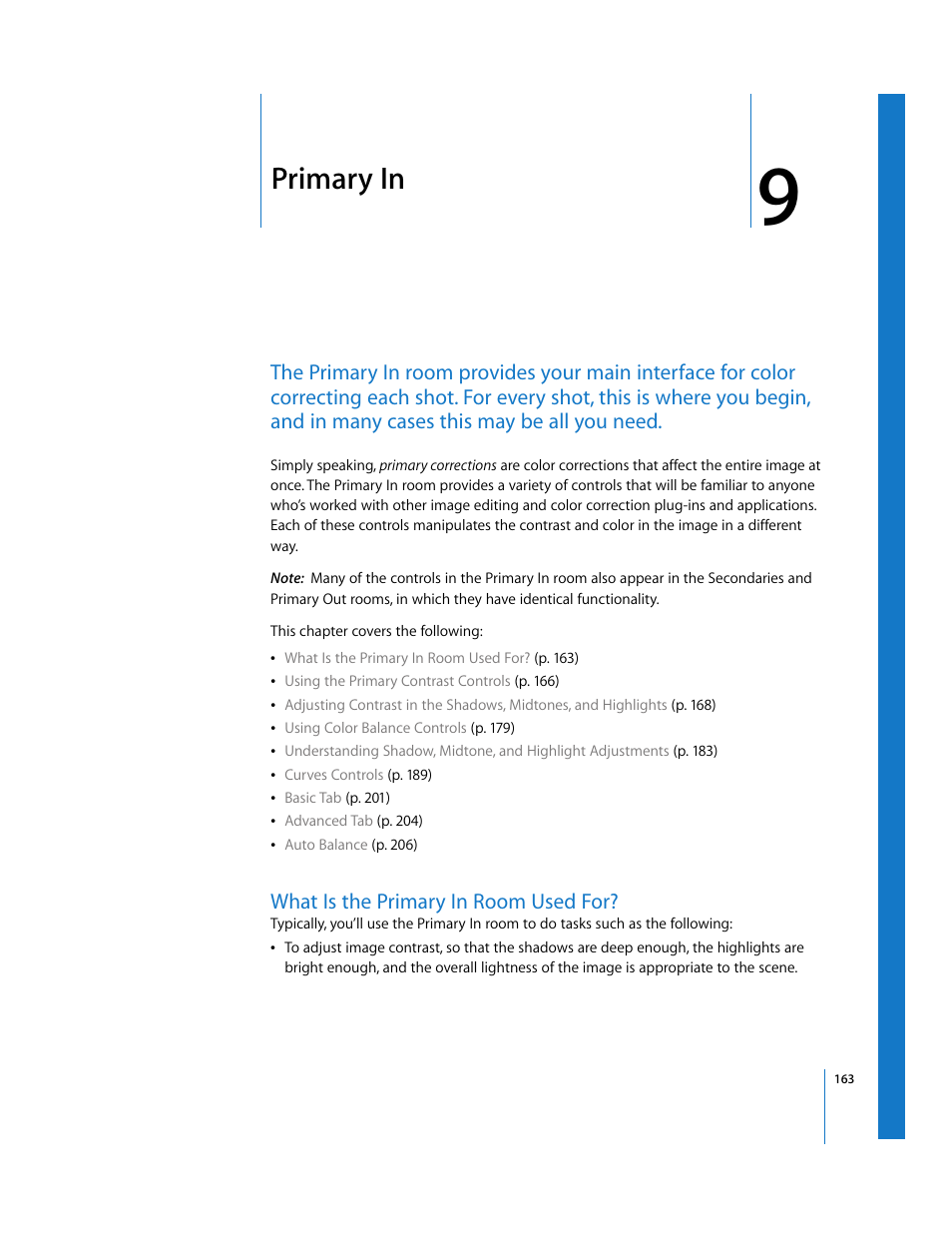 Primary in, What is the primary in room used for, Chapter 9 | See chapter 9, E detail in chapter 9 | Apple Color 1.0 User Manual | Page 163 / 364