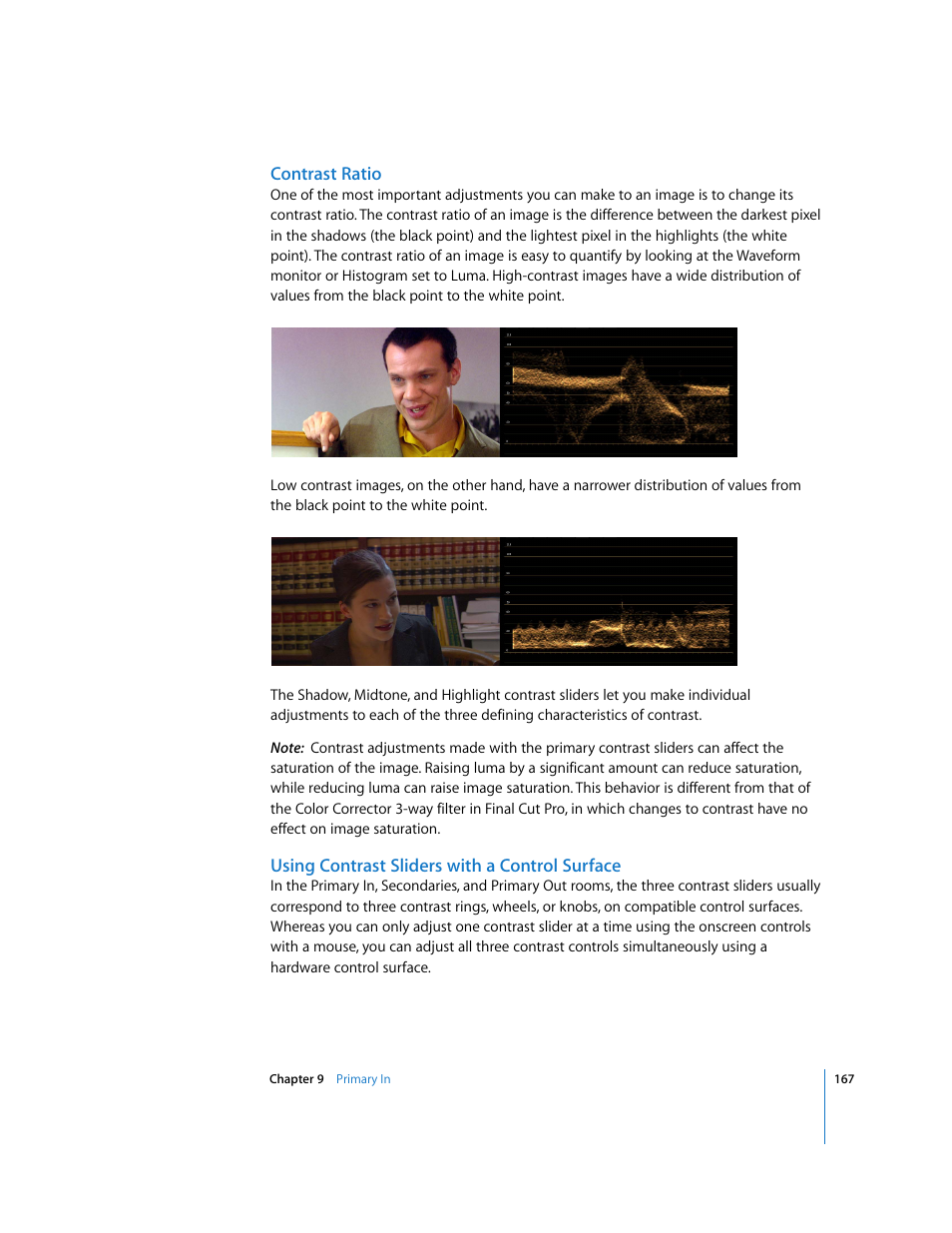 Contrast ratio, Using contrast sliders with a control surface | Apple Color 1.0 User Manual | Page 167 / 364