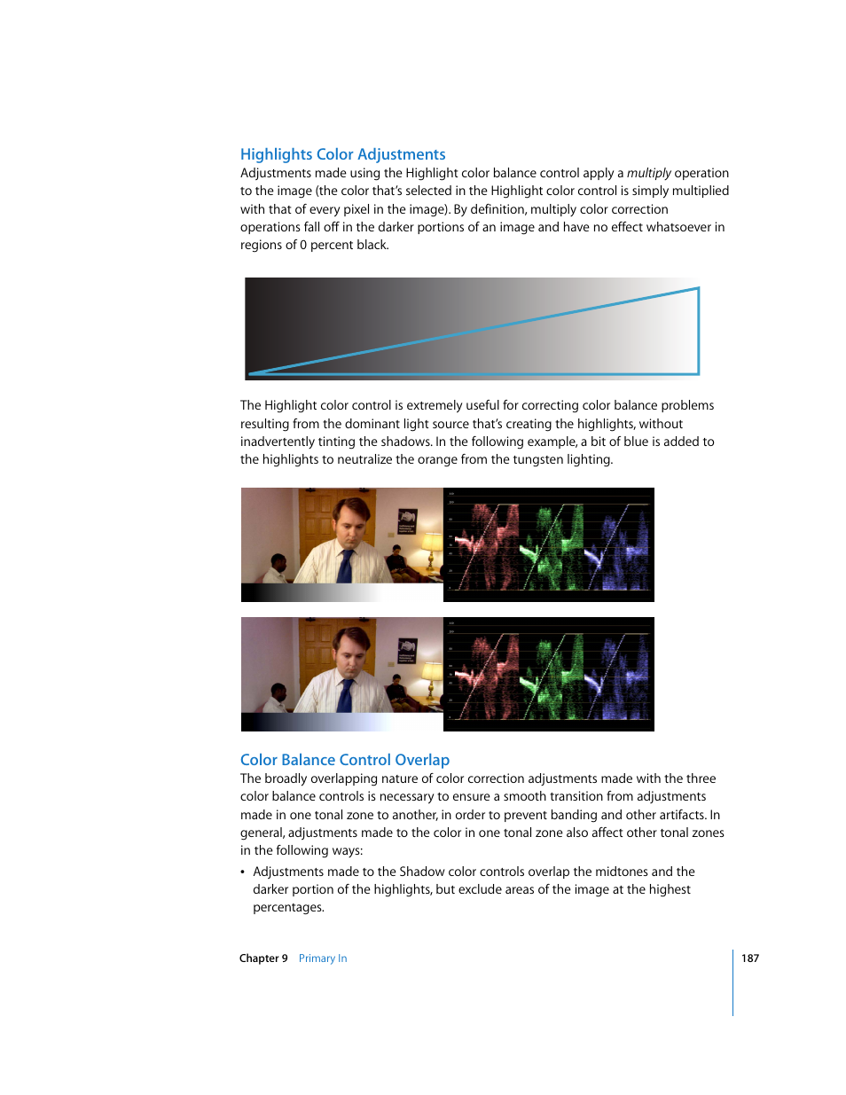 Highlights color adjustments, Color balance control overlap | Apple Color 1.0 User Manual | Page 187 / 364