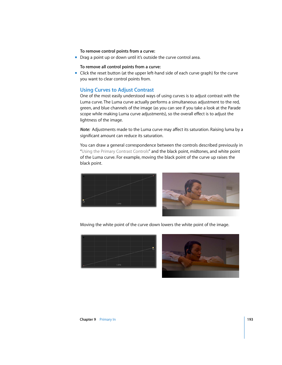 Using curves to adjust contrast | Apple Color 1.0 User Manual | Page 193 / 364