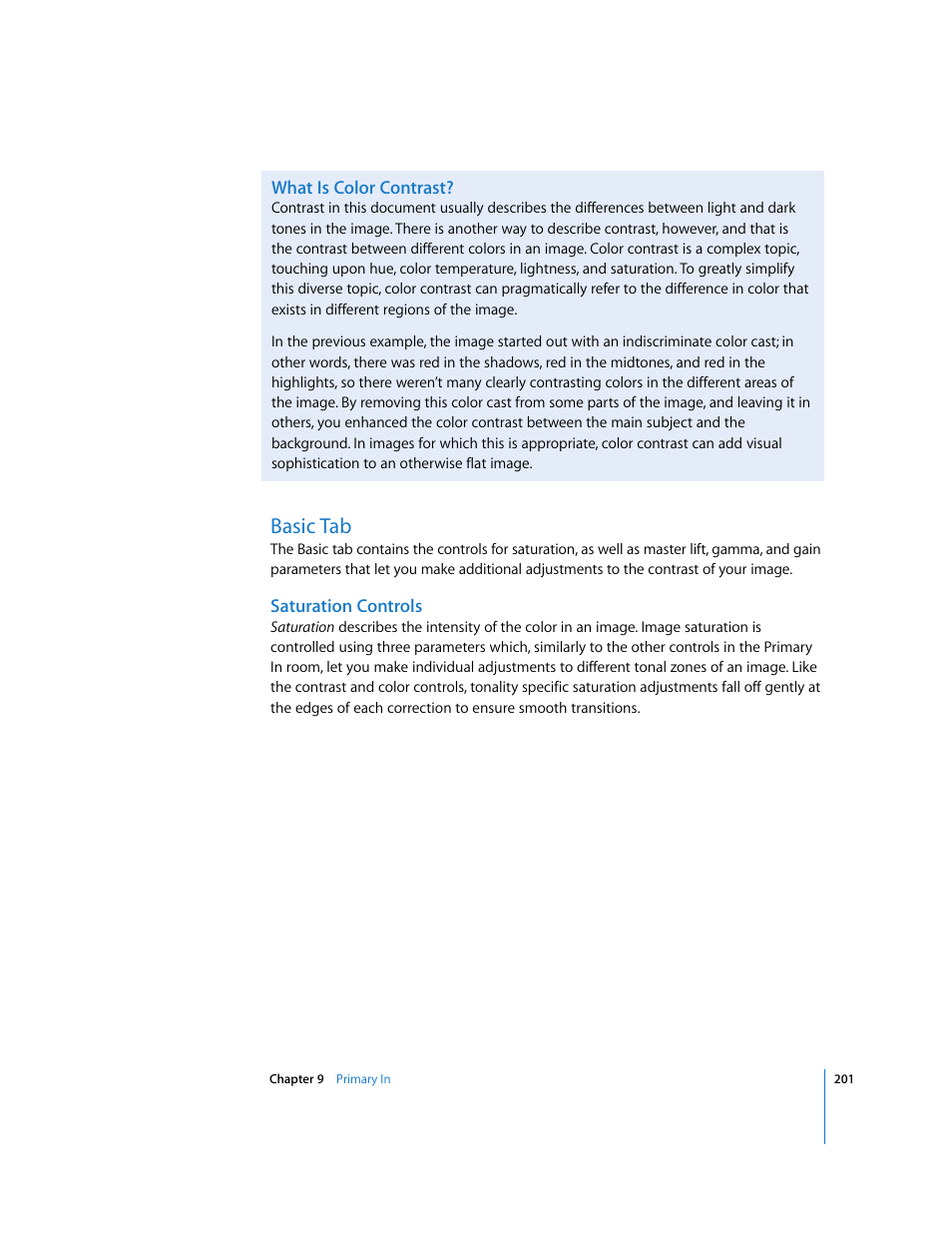What is color contrast, Basic tab, Saturation controls | P. 201) | Apple Color 1.0 User Manual | Page 201 / 364