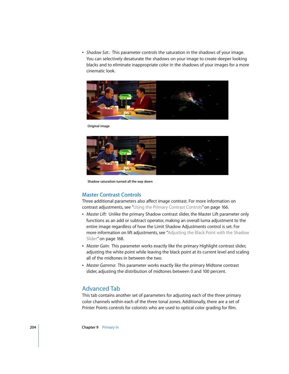 Master contrast controls, Advanced tab, P. 204) | Apple Color 1.0 User Manual | Page 204 / 364