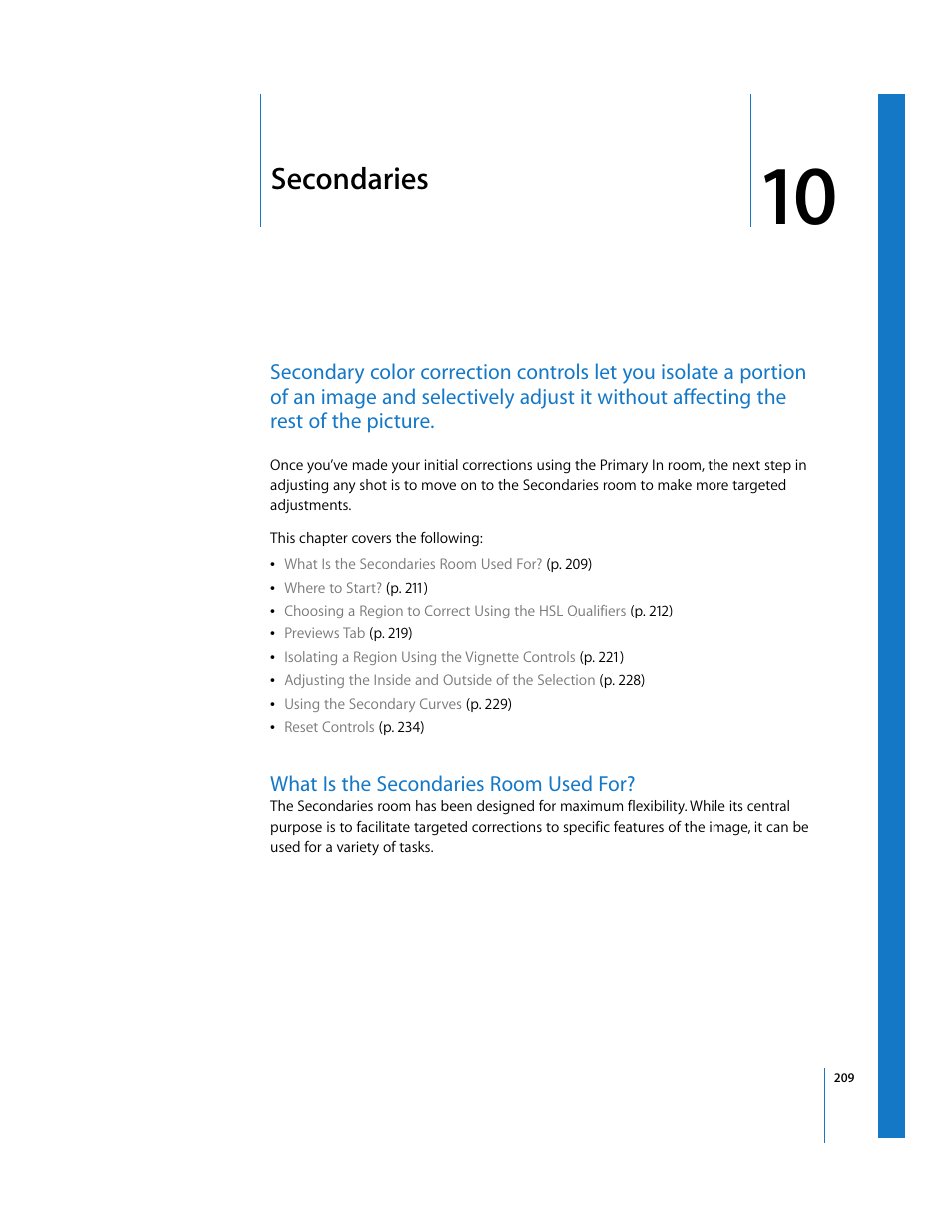Secondaries, What is the secondaries room used for, Chapter 10 | See chapter 10, Ed in chapter 10 | Apple Color 1.0 User Manual | Page 209 / 364