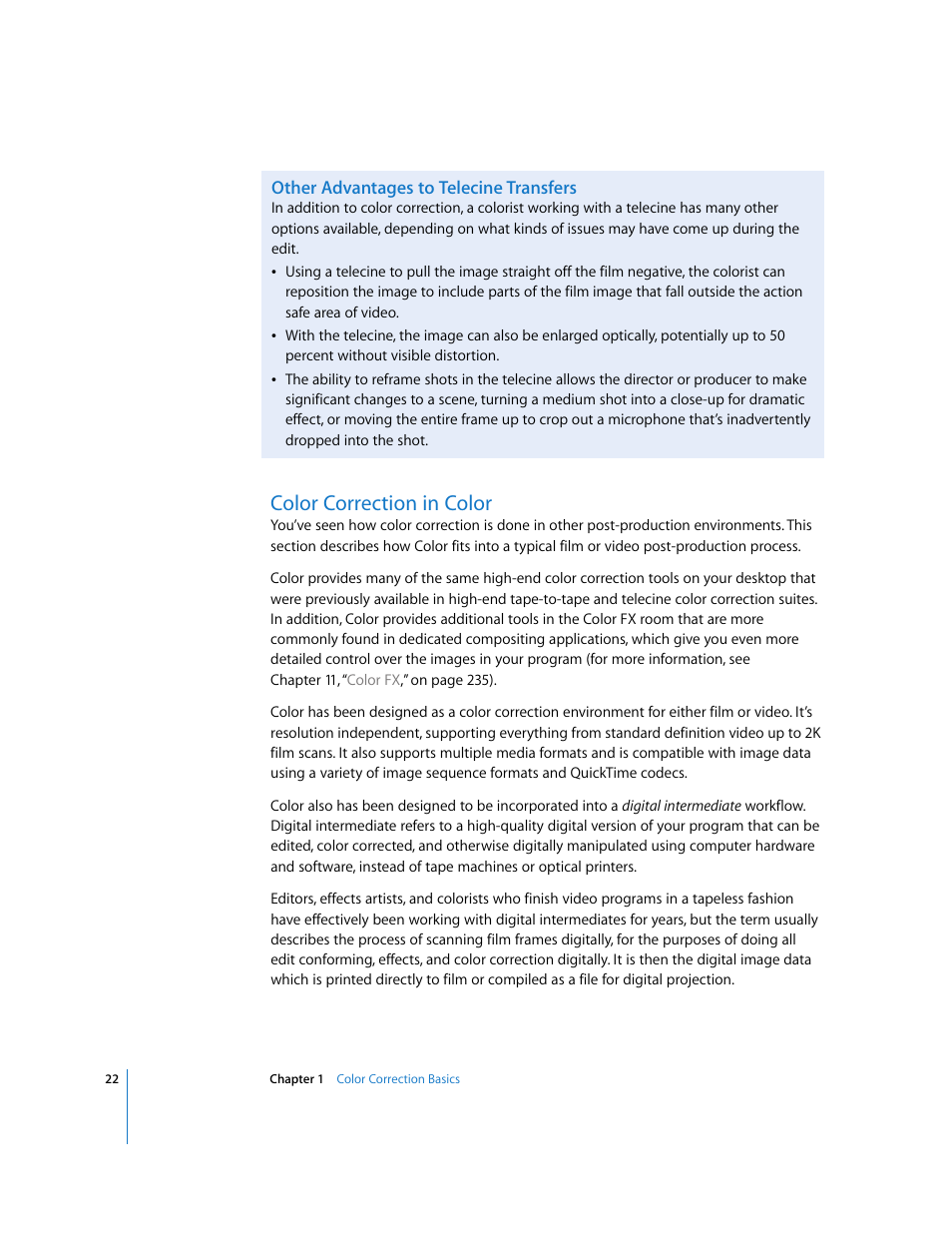 Other advantages to telecine transfers, Color correction in color, P. 22) | Apple Color 1.0 User Manual | Page 22 / 364