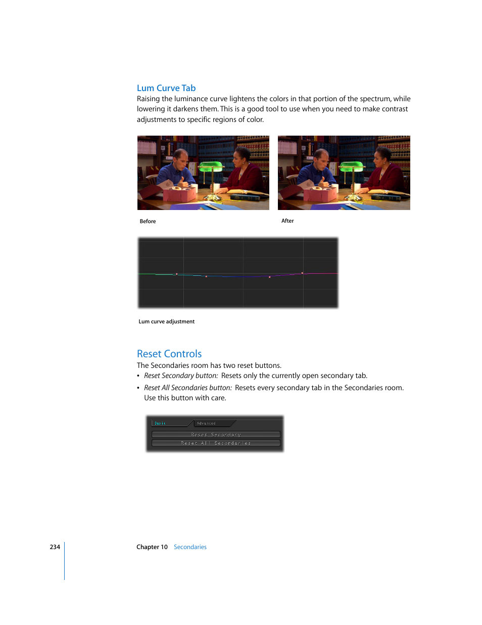 Lum curve tab, Reset controls, P. 234) | Apple Color 1.0 User Manual | Page 234 / 364
