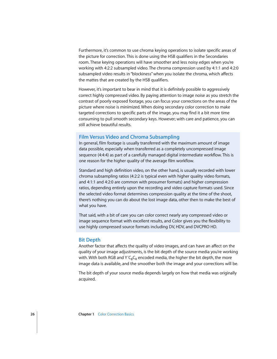 Bit depth, Erable (see, Film versus video and chroma subsampling | Apple Color 1.0 User Manual | Page 26 / 364