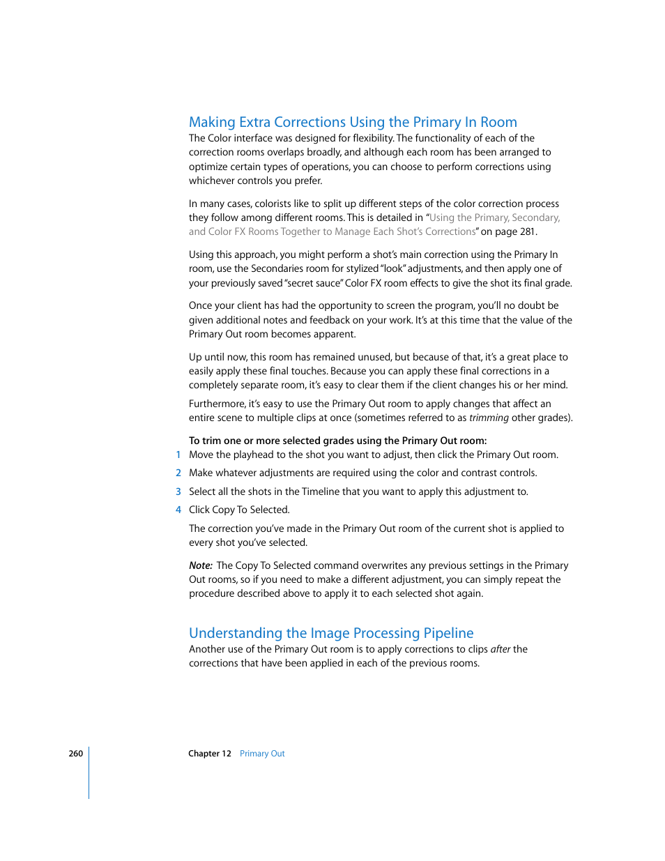 Making extra corrections using the primary in room, Understanding the image processing pipeline, P. 260) | Apple Color 1.0 User Manual | Page 260 / 364