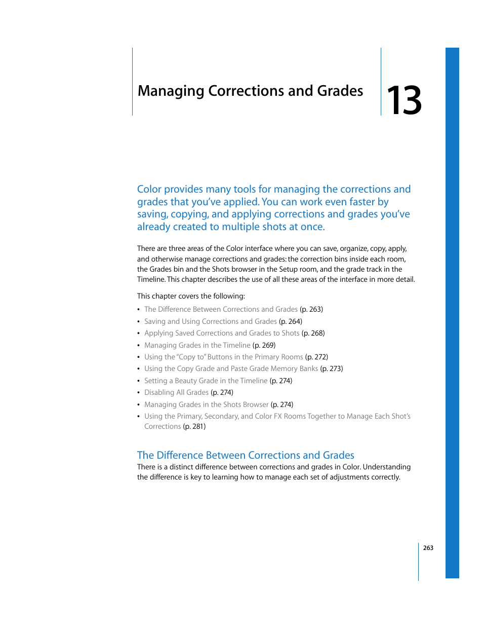 Managing corrections and grades, The difference between corrections and grades, Chapter 13 | See chapter 13, Managing corrections and, Grades, Managing, Corrections and grades | Apple Color 1.0 User Manual | Page 263 / 364