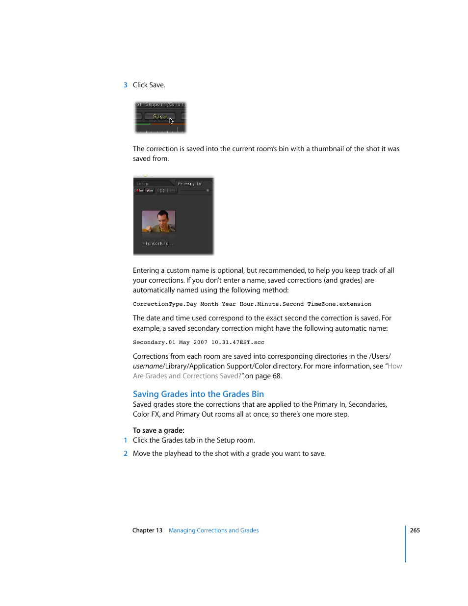 Saving grades into the grades bin, Saving grades into, The grades bin | Saving grades into the, Grades bin | Apple Color 1.0 User Manual | Page 265 / 364
