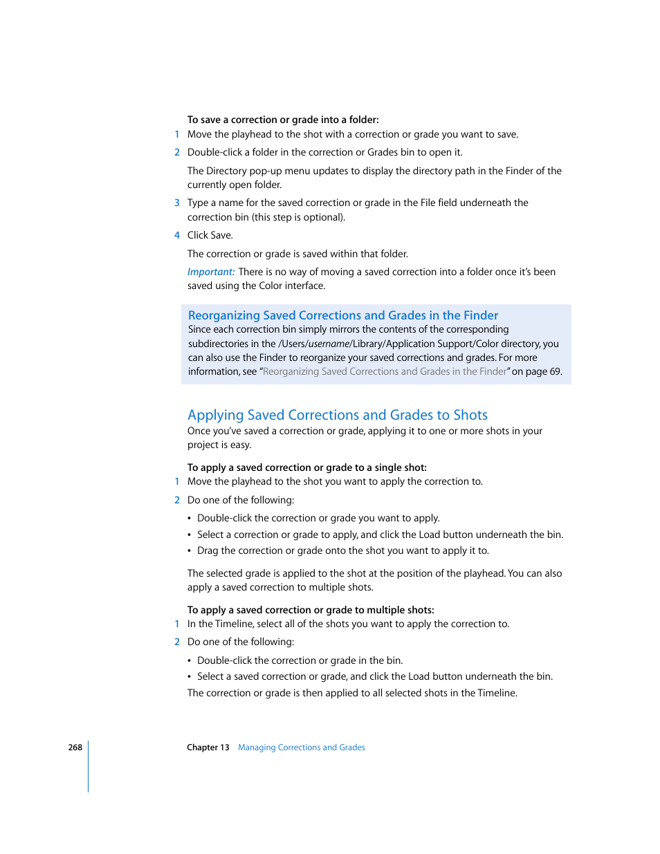 Applying saved corrections and grades to shots, P. 268) | Apple Color 1.0 User Manual | Page 268 / 364
