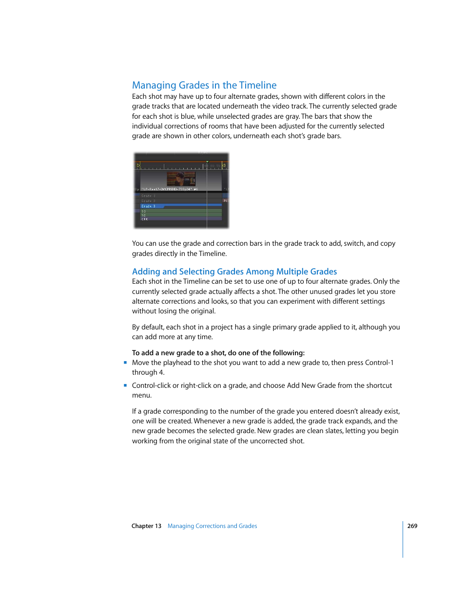 Managing grades in the timeline, Adding and selecting grades among multiple grades, P. 269) | Apple Color 1.0 User Manual | Page 269 / 364