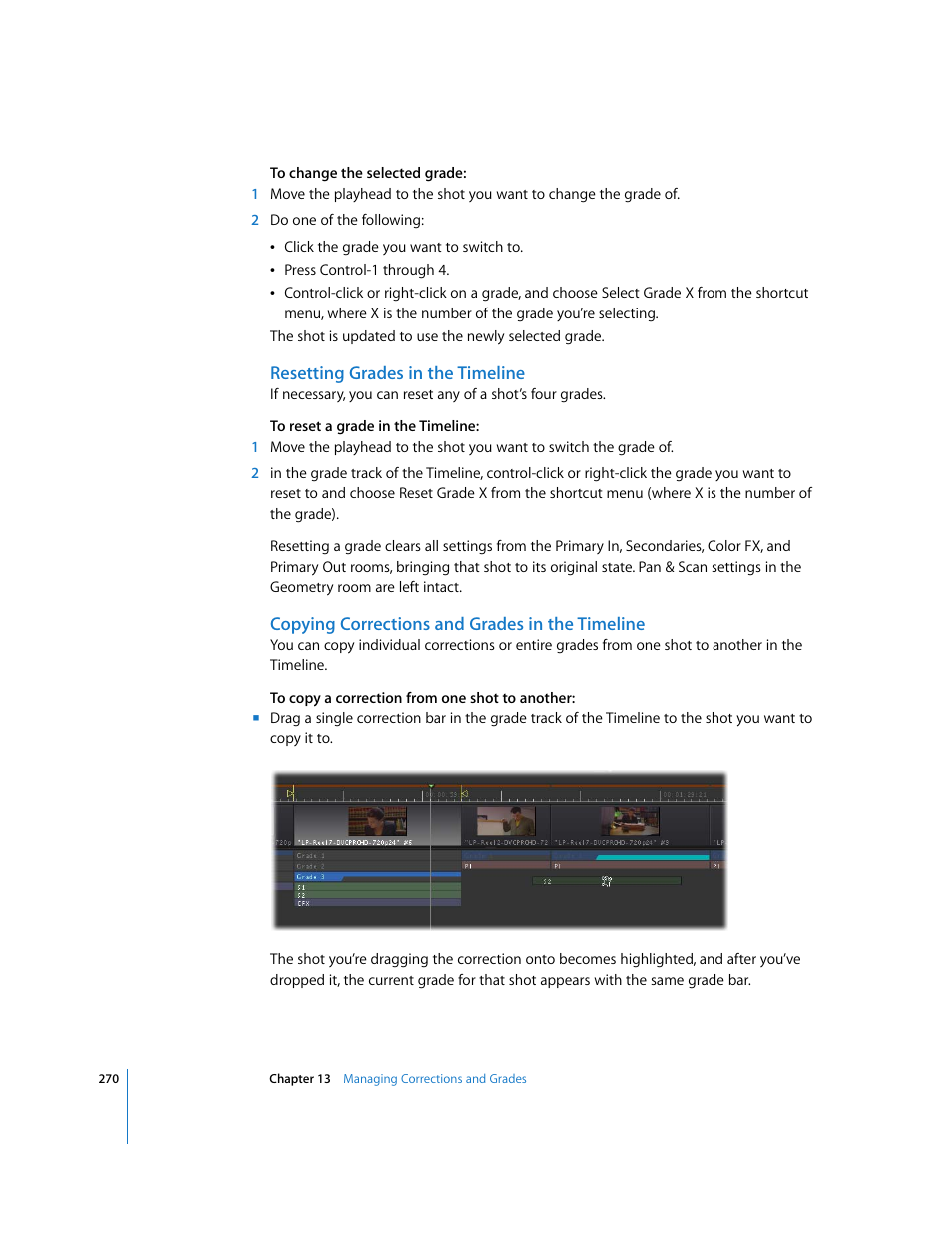 Resetting grades in the timeline, Copying corrections and grades in the timeline | Apple Color 1.0 User Manual | Page 270 / 364
