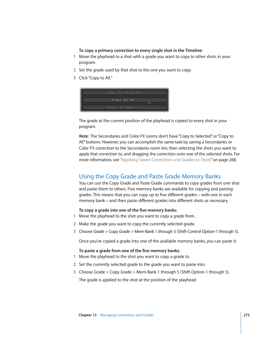 Using the copy grade and paste grade memory banks, P. 273) | Apple Color 1.0 User Manual | Page 273 / 364