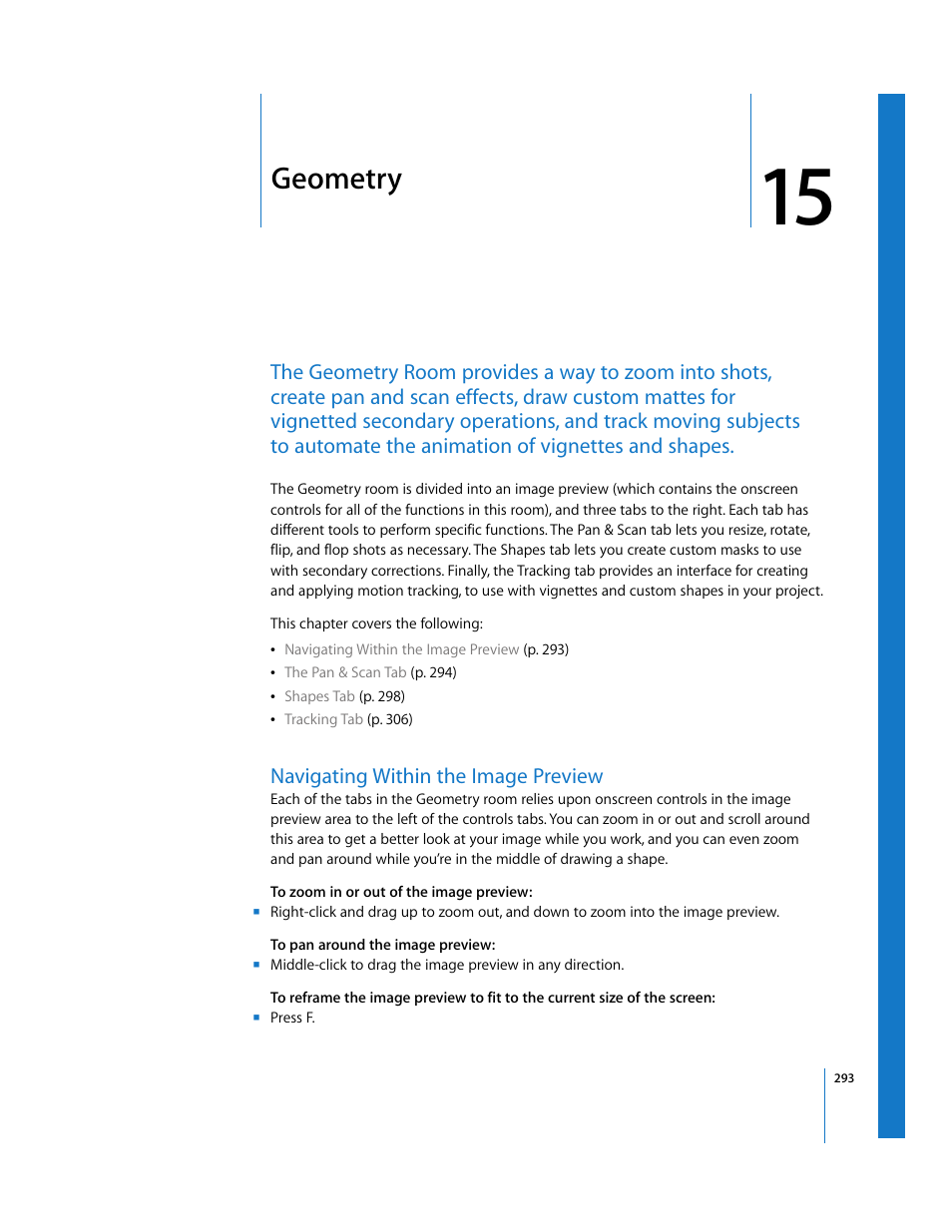 Geometry, Navigating within the image preview, Chapter 15 | Apple Color 1.0 User Manual | Page 293 / 364