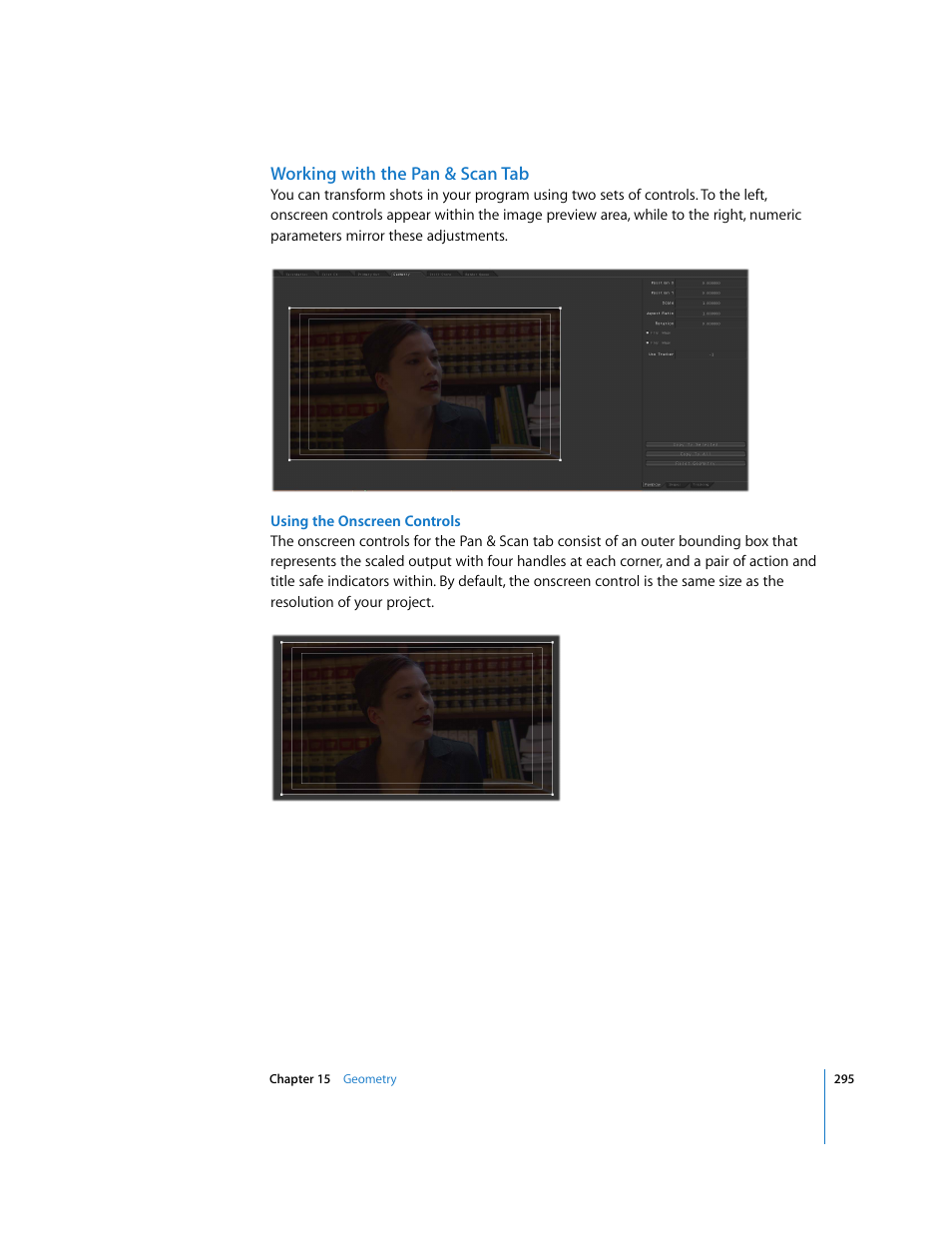 Working with the pan & scan tab | Apple Color 1.0 User Manual | Page 295 / 364