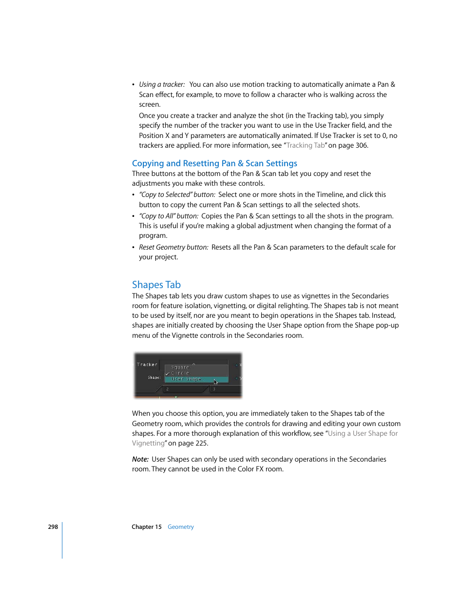 Copying and resetting pan & scan settings, Shapes tab, P. 298) | Apple Color 1.0 User Manual | Page 298 / 364