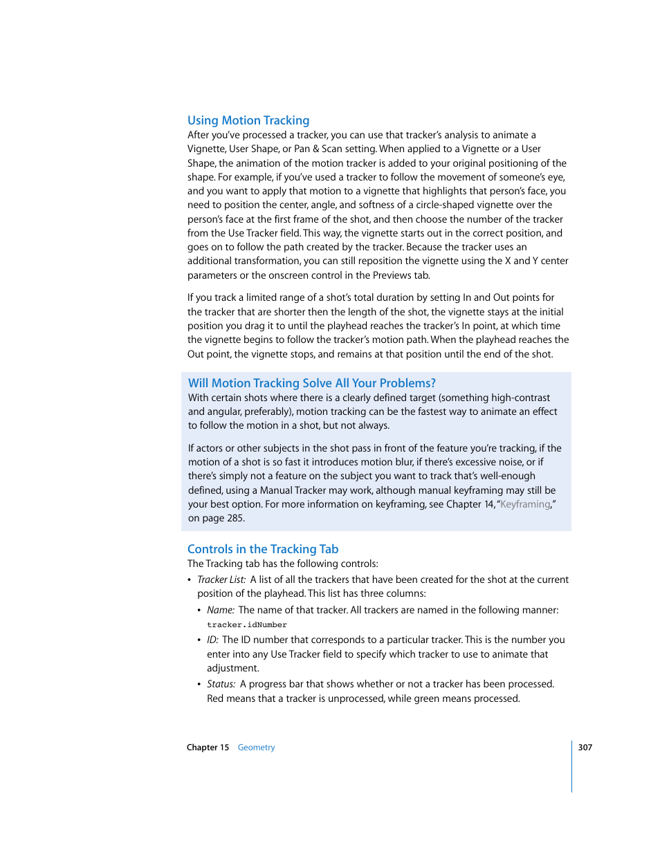 Using motion tracking, Will motion tracking solve all your problems, Controls in the tracking tab | Apple Color 1.0 User Manual | Page 307 / 364