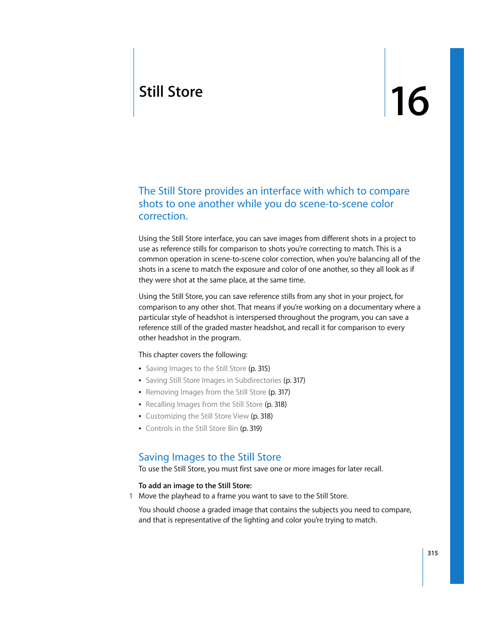 Still store, Saving images to the still store, Chapter 16 | See chapter 16 | Apple Color 1.0 User Manual | Page 315 / 364