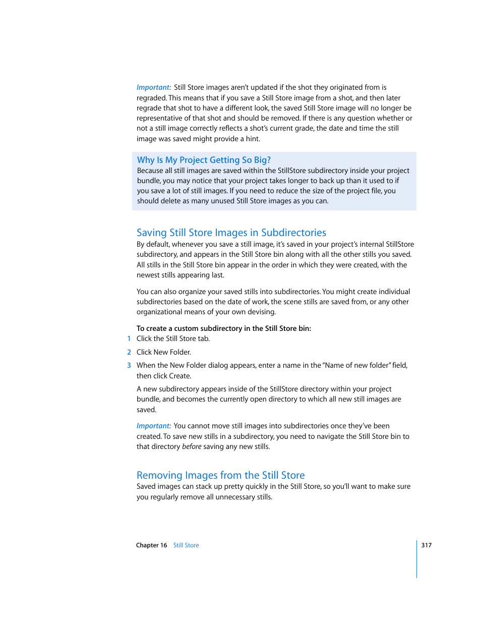 Why is my project getting so big, Saving still store images in subdirectories, Removing images from the still store | P. 317) | Apple Color 1.0 User Manual | Page 317 / 364