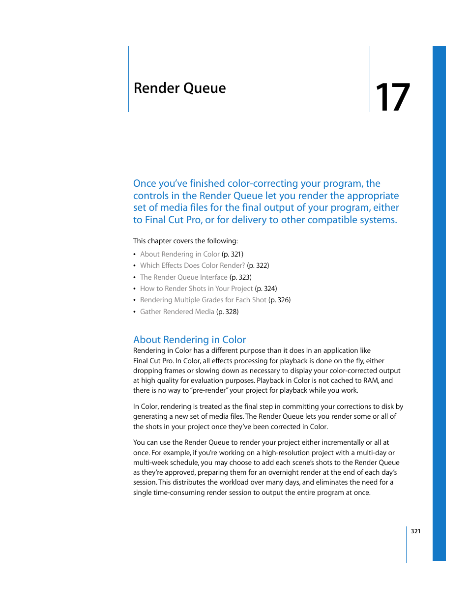 Render queue, About rendering in color, Chapter 17 | See chapter 17 | Apple Color 1.0 User Manual | Page 321 / 364