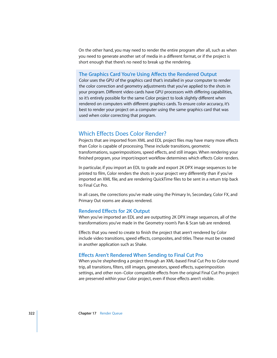 Which effects does color render, Rendered effects for 2k output, P. 322) | Apple Color 1.0 User Manual | Page 322 / 364