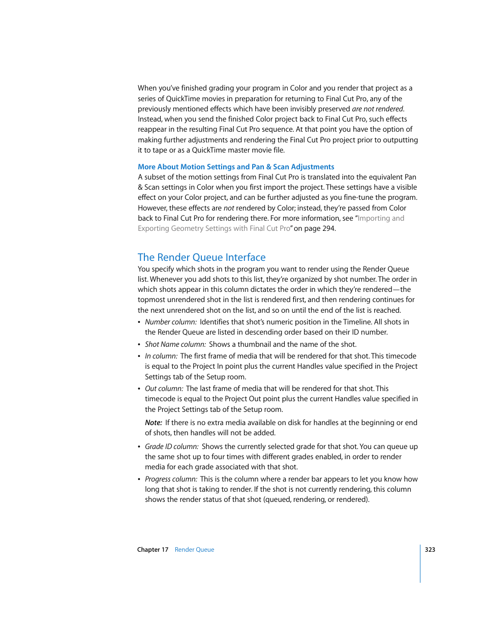 The render queue interface, P. 323) | Apple Color 1.0 User Manual | Page 323 / 364