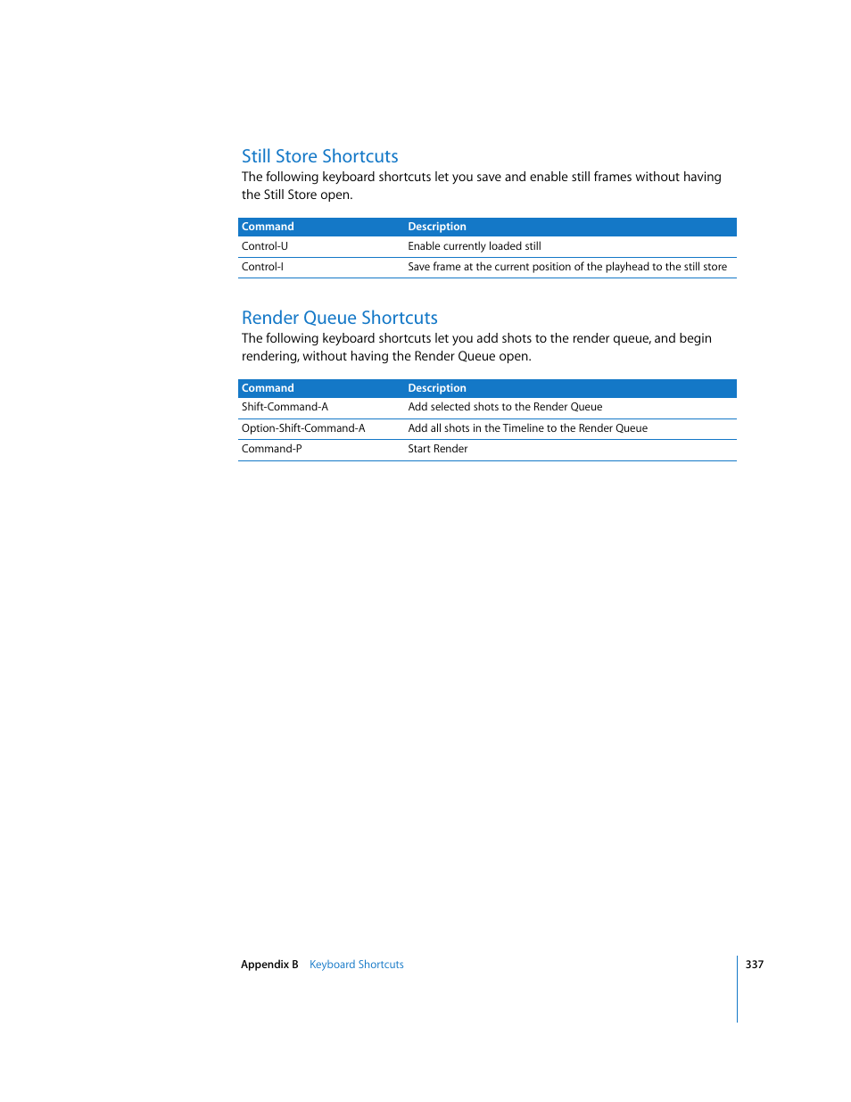 Still store shortcuts, Render queue shortcuts | Apple Color 1.0 User Manual | Page 337 / 364