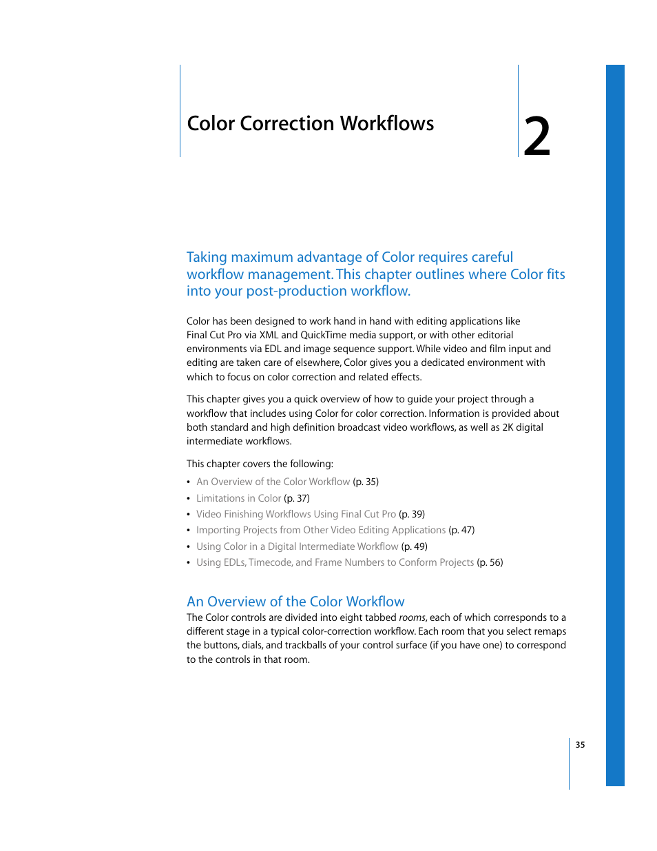 Color correction workflows, An overview of the color workflow, Chapter 2 | See chapter 2 | Apple Color 1.0 User Manual | Page 35 / 364