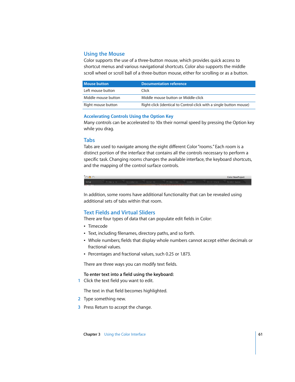 Using the mouse, Tabs, Text fields and virtual sliders | Apple Color 1.0 User Manual | Page 61 / 364
