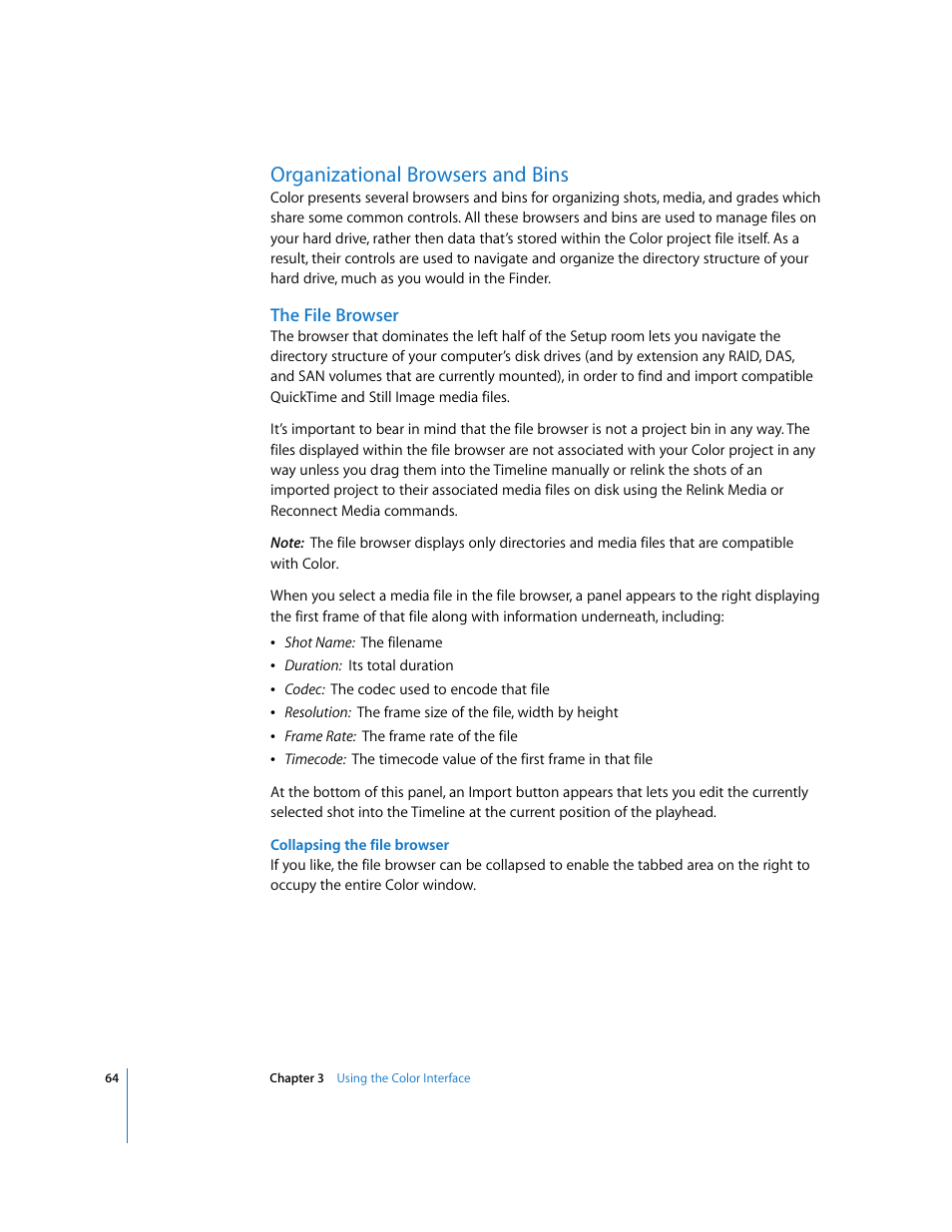 Organizational browsers and bins, The file browser, P. 64) | Apple Color 1.0 User Manual | Page 64 / 364