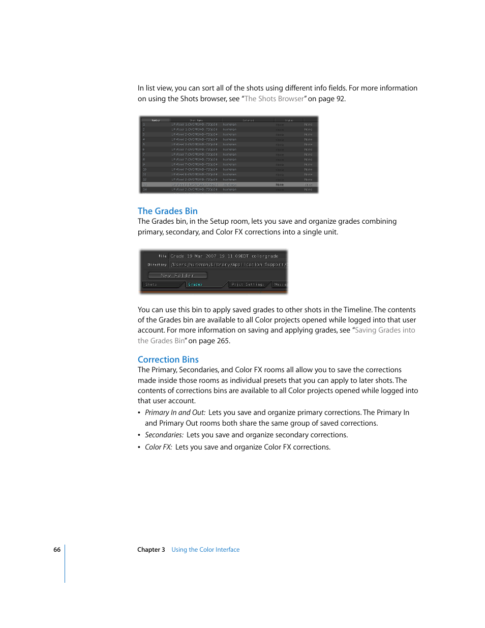 The grades bin, Correction bins | Apple Color 1.0 User Manual | Page 66 / 364