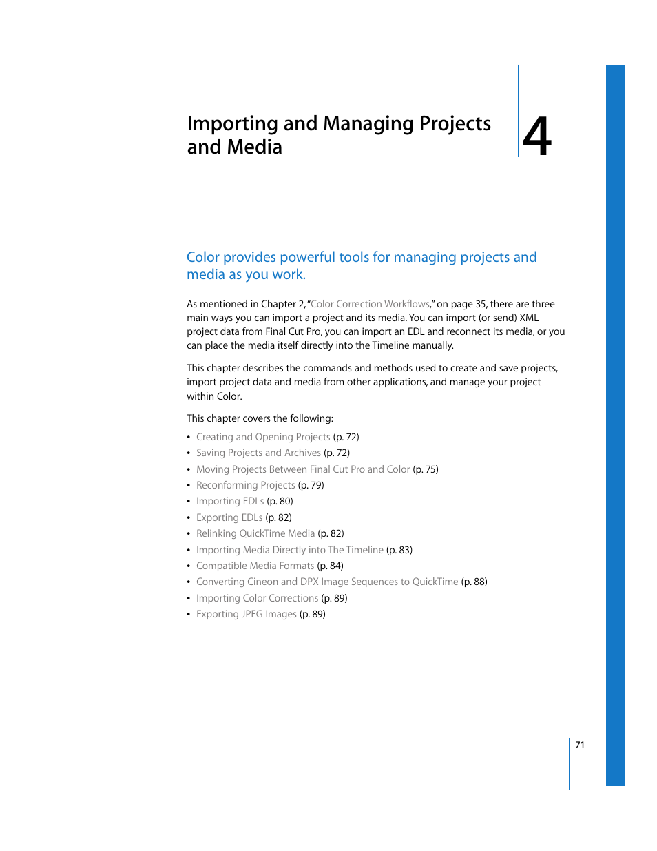 Importing and managing projects and media, Chapter 4 | Apple Color 1.0 User Manual | Page 71 / 364