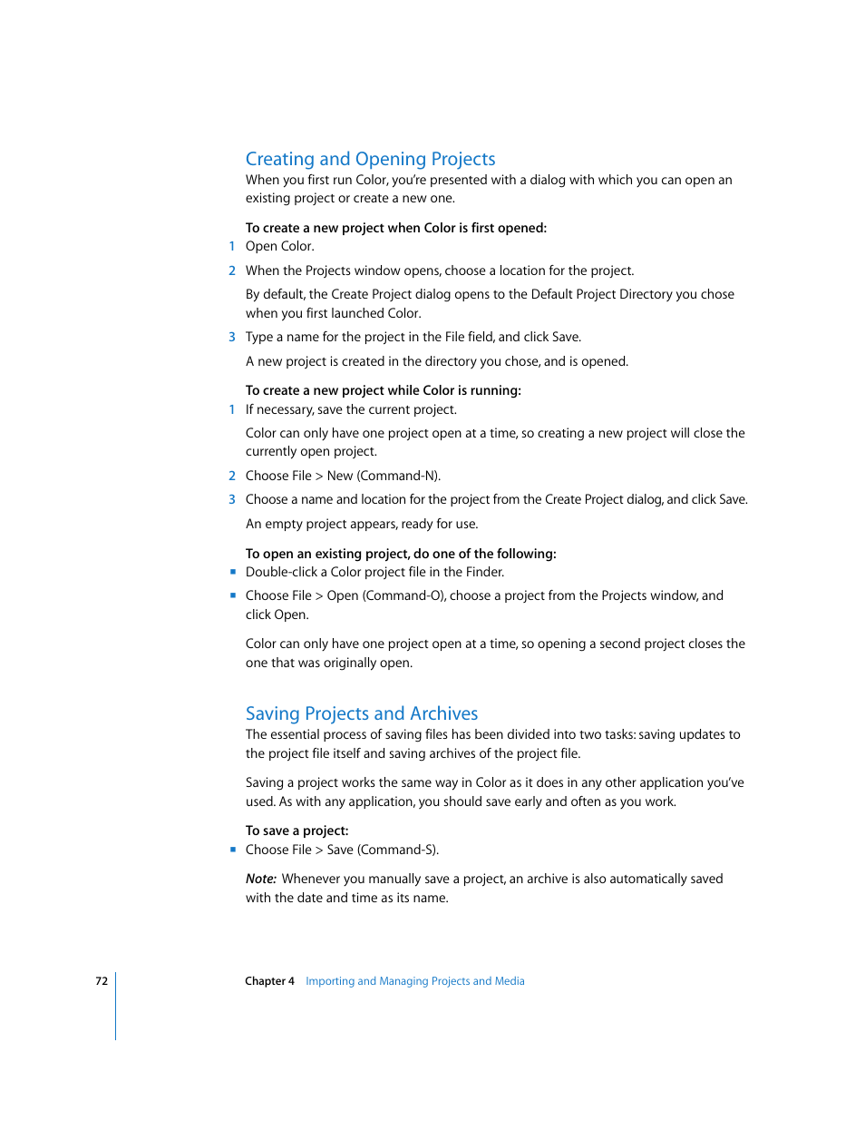 Creating and opening projects, Saving projects and archives, P. 72) | Apple Color 1.0 User Manual | Page 72 / 364