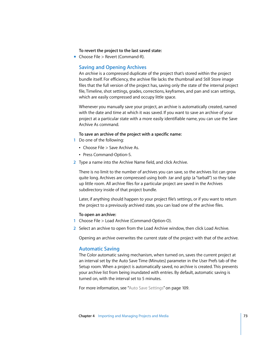 Saving and opening archives, Automatic saving | Apple Color 1.0 User Manual | Page 73 / 364
