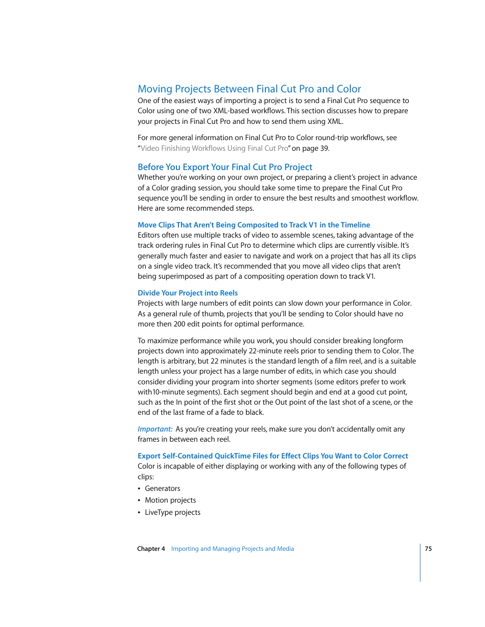 Moving projects between finalcutpro and color, Before you export your finalcutpro project, Moving projects between final cut pro and color | Outlined in, Before you export your final cut pro project, P. 75) | Apple Color 1.0 User Manual | Page 75 / 364