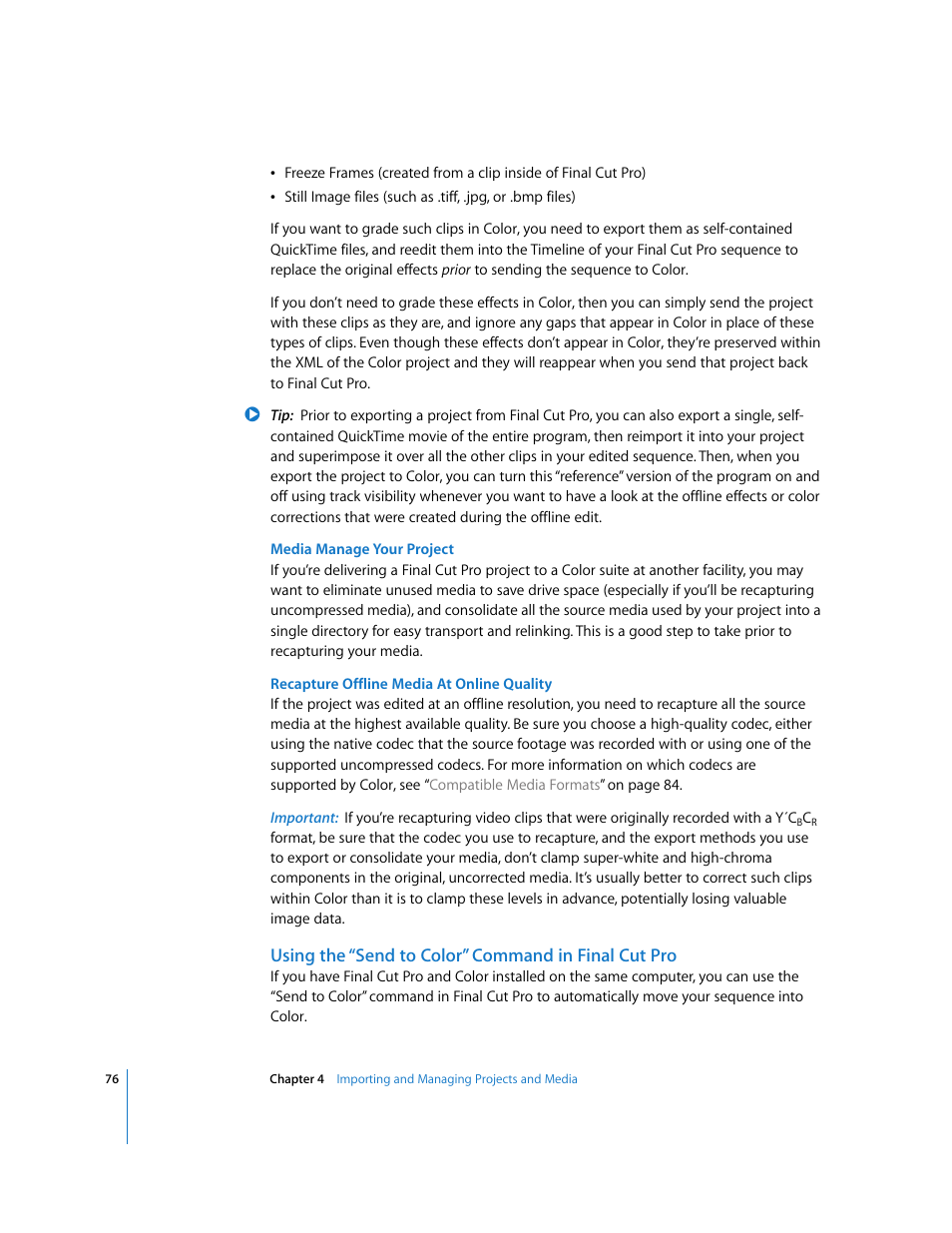 Using the “send to color” command in finalcutpro | Apple Color 1.0 User Manual | Page 76 / 364
