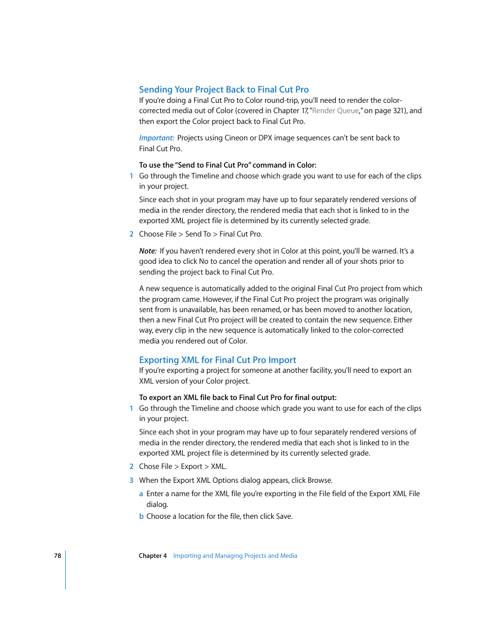 Sending your project back to finalcutpro, Exporting xml for finalcutpro import | Apple Color 1.0 User Manual | Page 78 / 364