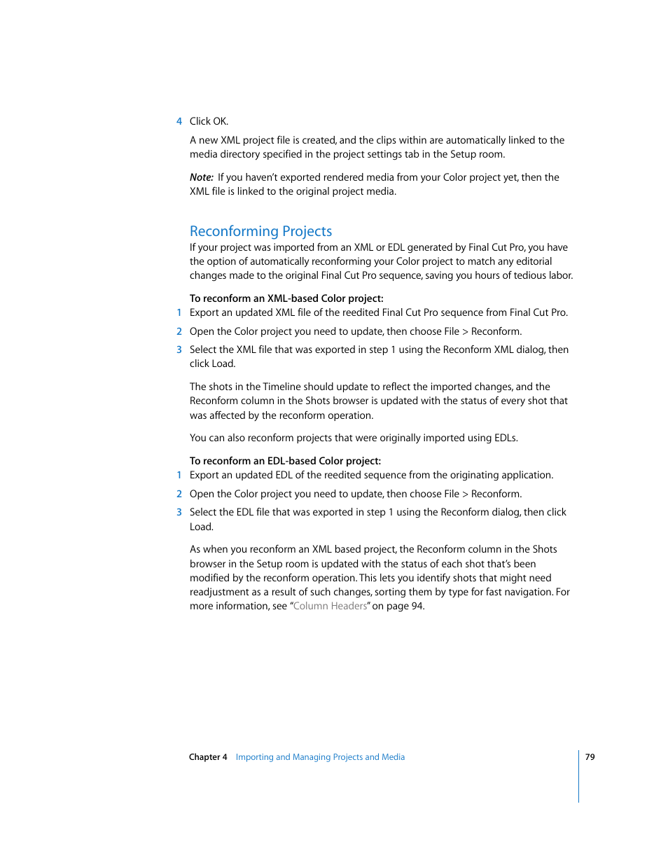 Reconforming projects, P. 79) | Apple Color 1.0 User Manual | Page 79 / 364