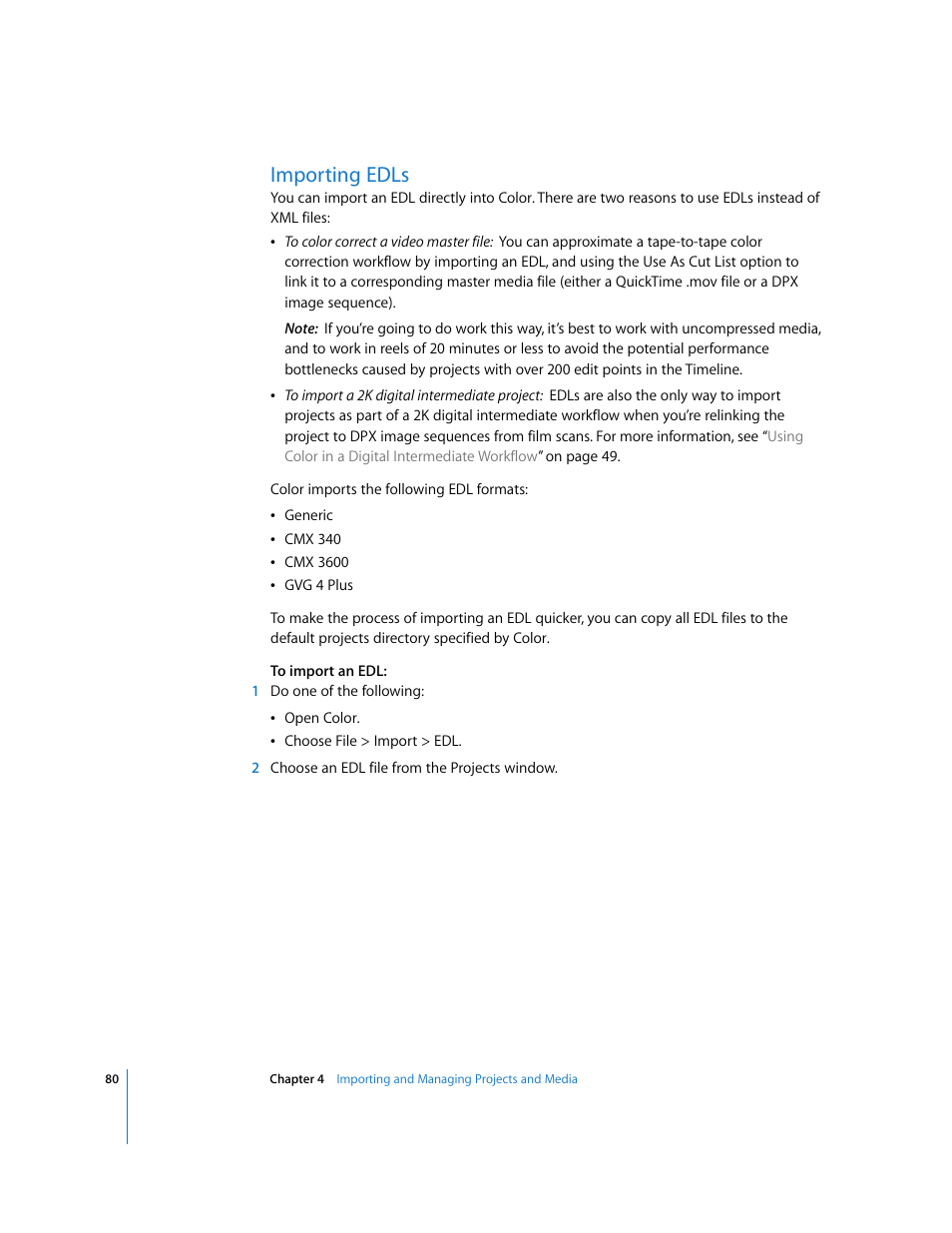 Importing edls, P. 80) | Apple Color 1.0 User Manual | Page 80 / 364