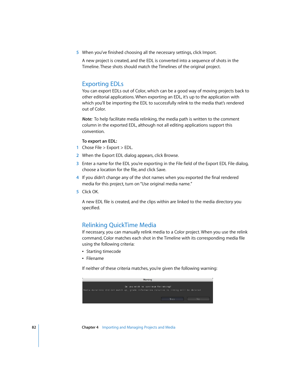 Exporting edls, Relinking quicktime media, P. 82) | Apple Color 1.0 User Manual | Page 82 / 364