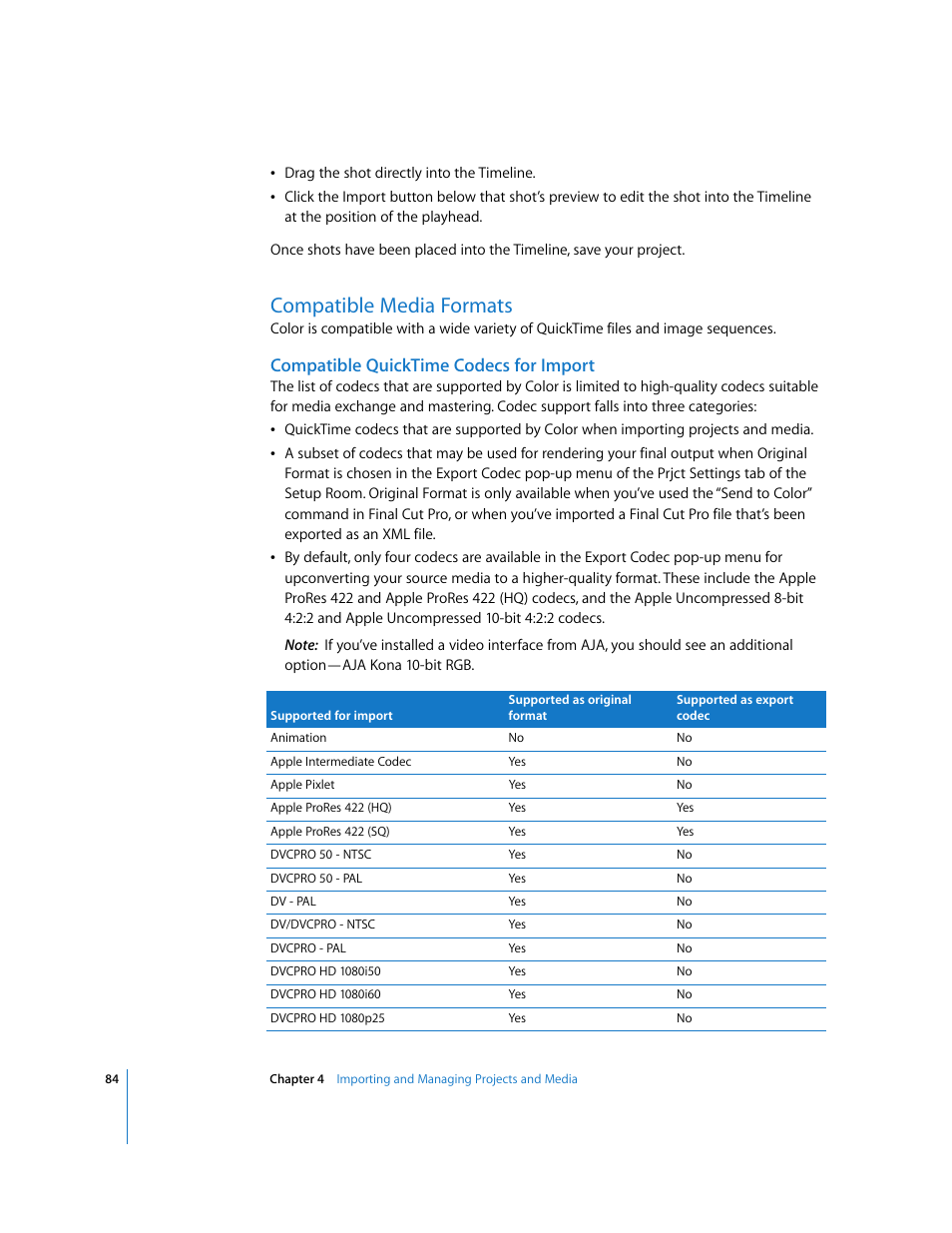 Compatible media formats, Compatible quicktime codecs for import, P. 84) | Apple Color 1.0 User Manual | Page 84 / 364