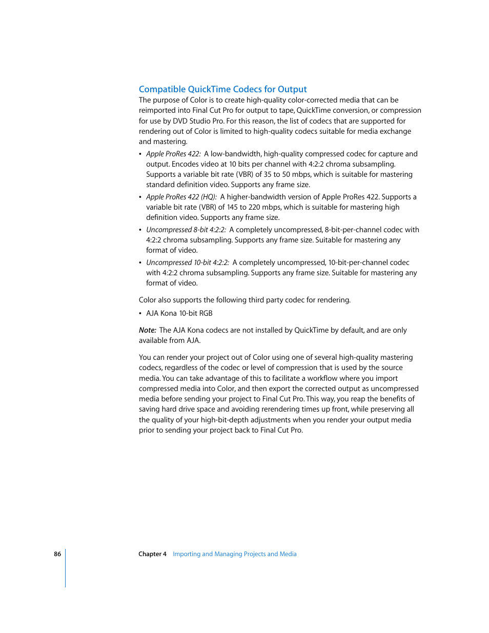 Compatible quicktime codecs for output | Apple Color 1.0 User Manual | Page 86 / 364