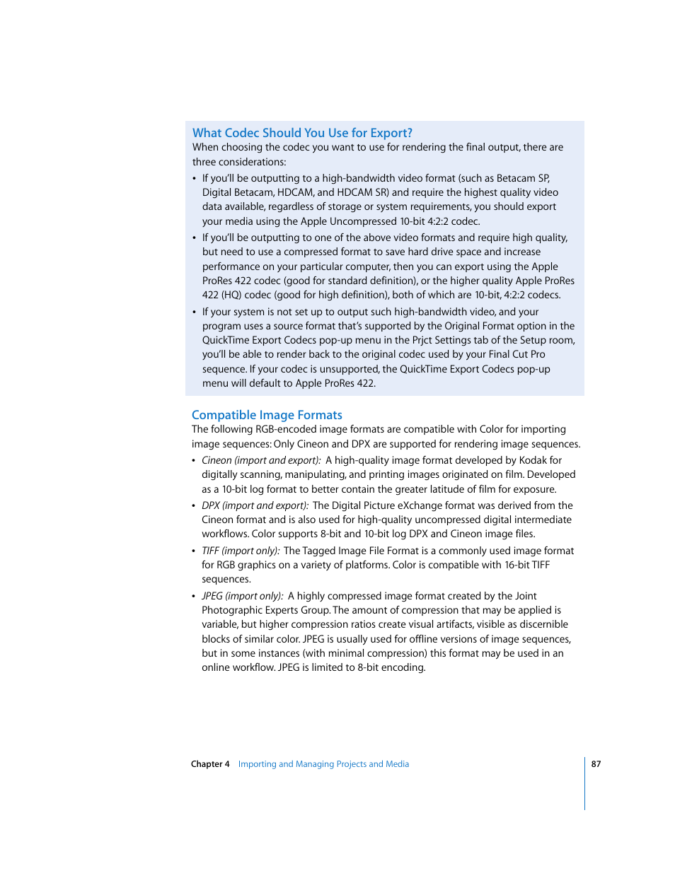 What codec should you use for export, Compatible image formats | Apple Color 1.0 User Manual | Page 87 / 364