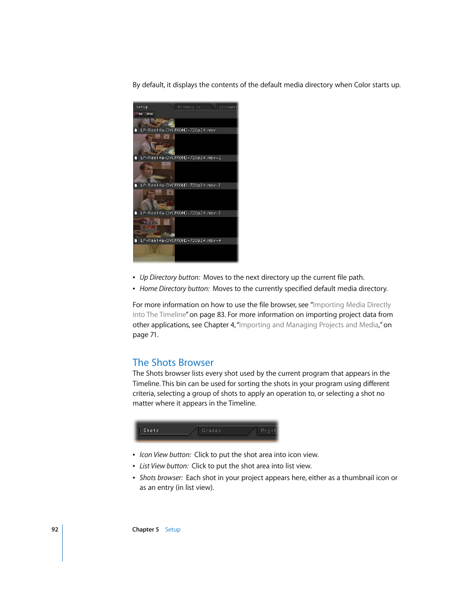 The shots browser, P. 92) | Apple Color 1.0 User Manual | Page 92 / 364
