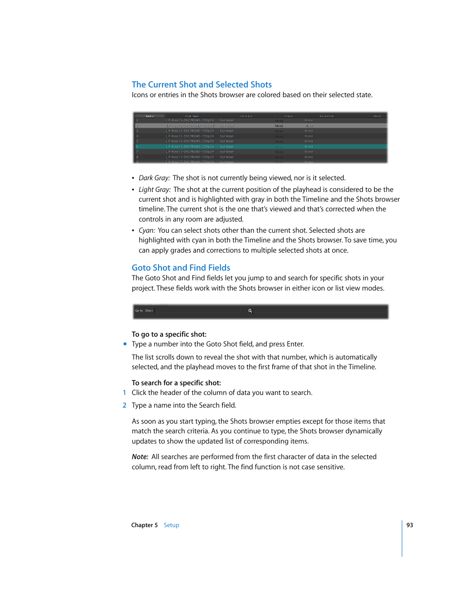 The current shot and selected shots, Goto shot and find fields | Apple Color 1.0 User Manual | Page 93 / 364