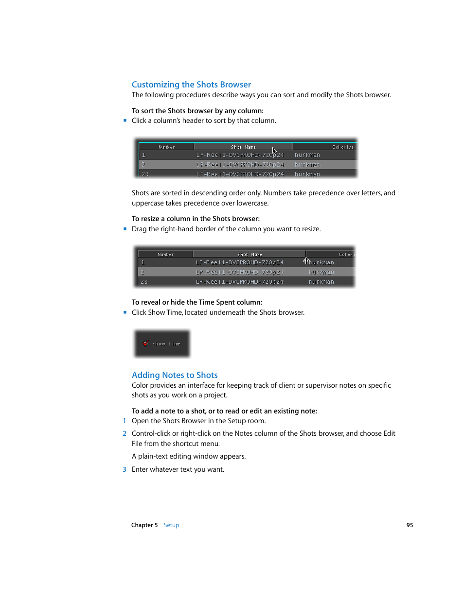 Customizing the shots browser, Adding notes to shots | Apple Color 1.0 User Manual | Page 95 / 364